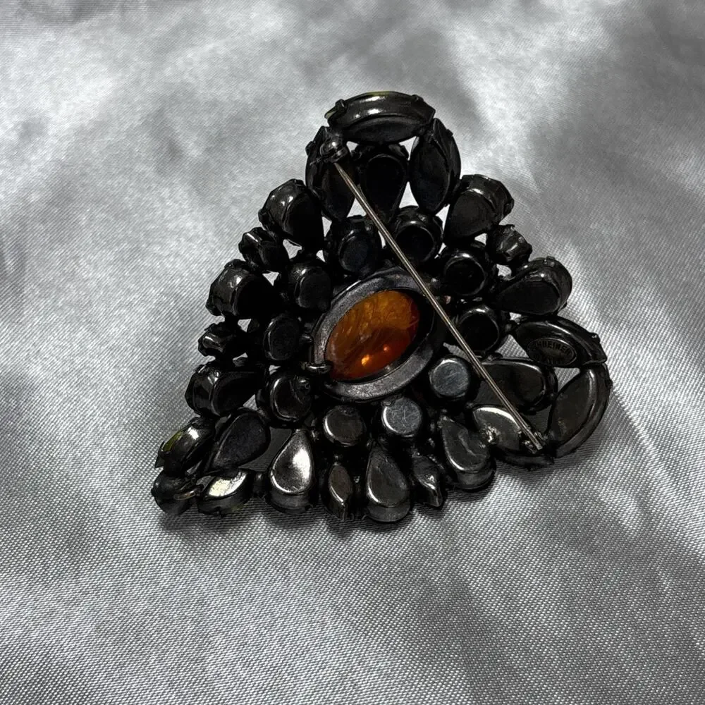 RARE SCHREINER NEW YORK Orange Cabochon Green Rhinestone Vintage Brooch 2.5”